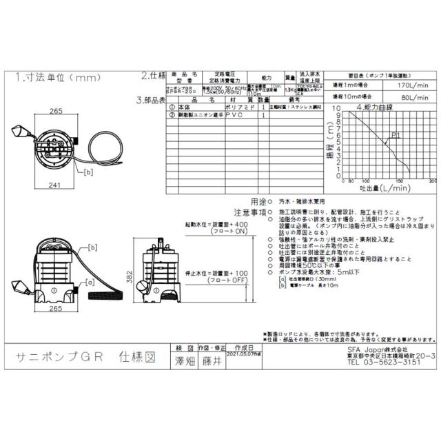 【】SFA SPGR-200 吐30A 10m 単200V : 粉砕機能付ｸﾞﾗｲﾝﾀﾞｰﾎﾟﾝﾌﾟ 排水ﾋﾟｯﾄ用 ｻﾆﾎﾟﾝﾌﾟGR∴_1