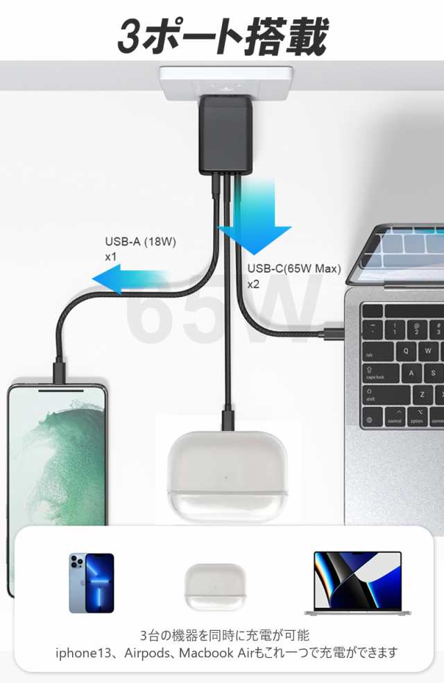 スマホ/家電/カメラ【2点セット】充電器 65W AC アダプター+ USB-C ケーブル 60W