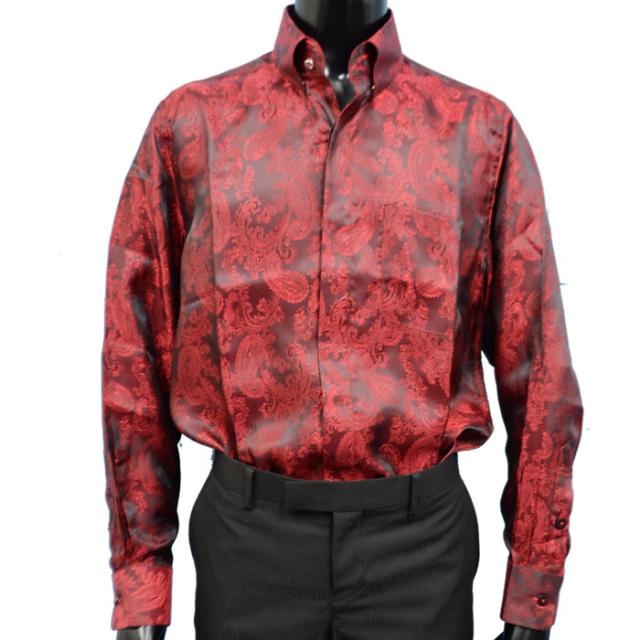 ドレスシャツ ペイズリー柄シャツ 光沢 サテンシャツ ドレスシャツ ゆったりめ ワインレッド 赤 長袖 ワイシャツ 社交ダンス ステーの通販はau Pay マーケット Fts プレミアム ファッション