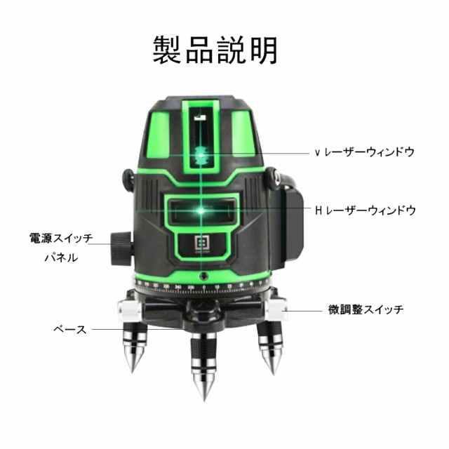 送料無料　5ライン グリーンレーザー墨出し器 5線6点 レーザー水平器 自動補正