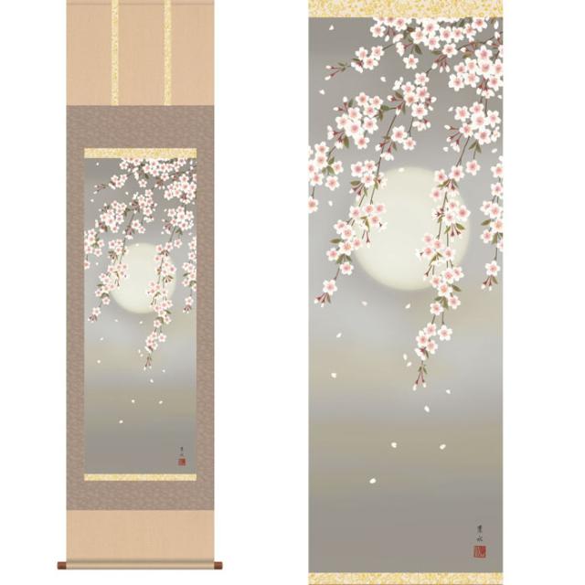 掛軸 「夜桜」 緒方葉水 筆 [ あす楽対応商品 収納箱 10年保証 44.5x164 国産 国内産 陽春 桜 和 和室 リビング 受注生産 床の間 和風 掛け軸 日本製 名画 縁起物 プレゼント 画寸  送料無料 ]の通販は 8,248円