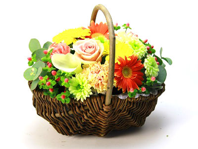 ナチュラルバスケット(オレンジ黄色)&選べるケーキ 誕生日 記念日