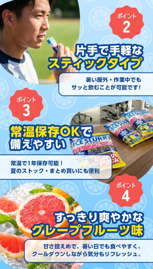 熱中症対策 凍らせて体の内側から冷やす！ アイススラリー グレープフルーツ味 ラージパック 業務用 暑さ対策 屋外作業 クールダウン 大容量パック こんにゃくパーク まとめ買い 個包装 パウチ スティック 常温保存 ヨコオデイリーフーズ (1袋450g・約20個入 ×24袋)_6