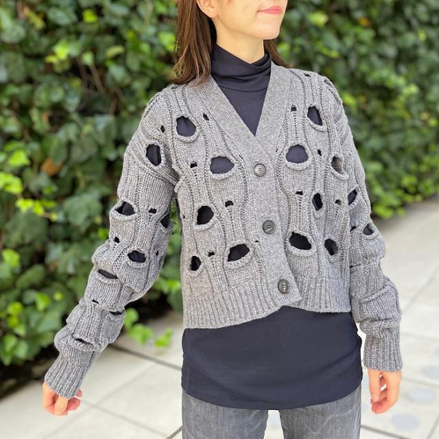 TELA テラ 穴あきショートデザインカーデ レディース 秋冬 GRY BLK FLY 