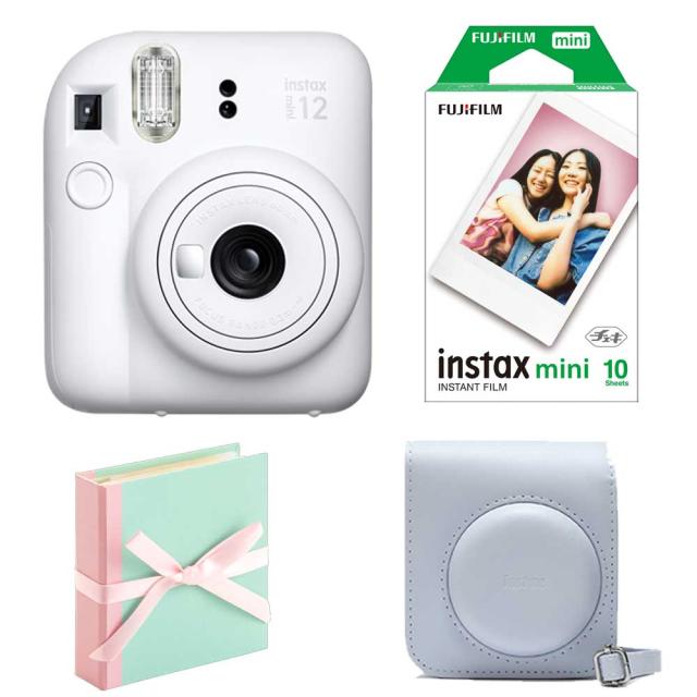 (4点セットB)富士フイルム インスタントカメラ チェキ instax mini 12 ホワイト フィルム アルバム 専用ケース付き！の通販は