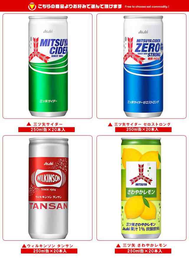 アサヒ飲料 三ツ矢・ウィルキンソン 選べる4ケースセット 250ml缶×80