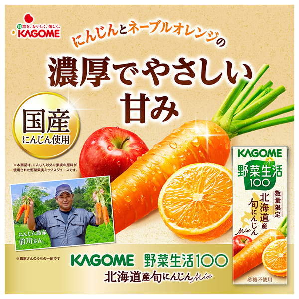カゴメ 野菜生活100 北海道産 旬にんじんmix 200ml紙パック×24本入×(4ケース)｜ 送料無料 にんじんジュース 野菜ジュース 人参 キャロット