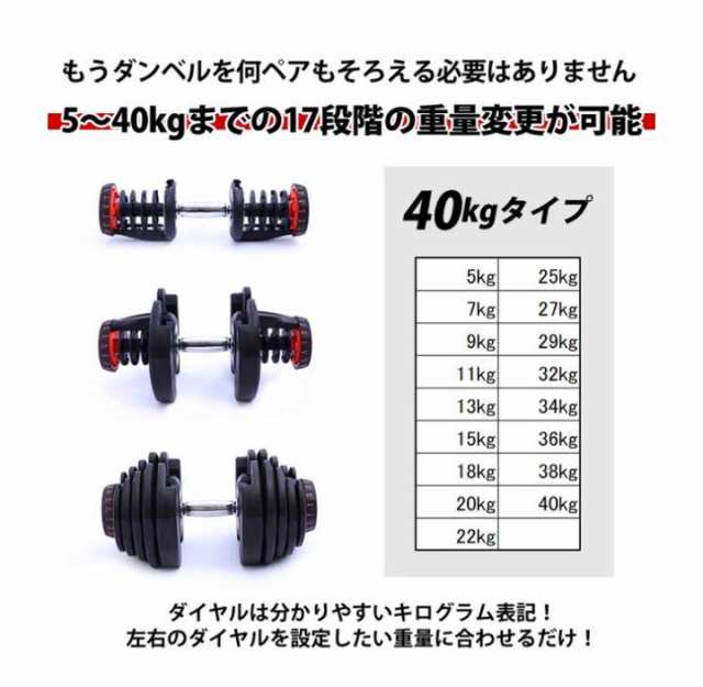 可変式ダンベル 40kg 2個セット 鉄アレイ アジャスタブルダンベル 筋