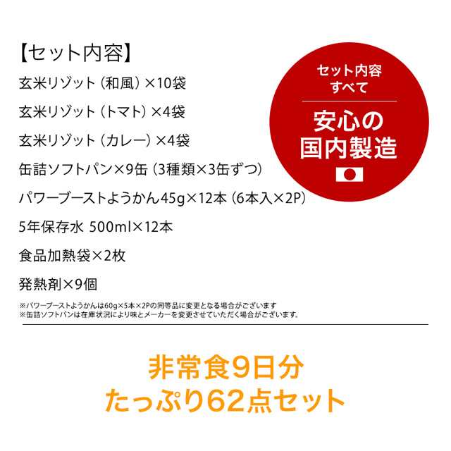 非常食9日分たっぷり62点セット 長期5年保存 食品加熱セット 防災食 備蓄食料 保存水 おいしい非常食 災害食 防災士監修 防災グッズ の通販はau  PAY マーケット - 防災防犯ダイレクト au PAY マーケット店 | au PAY マーケット－通販サイト