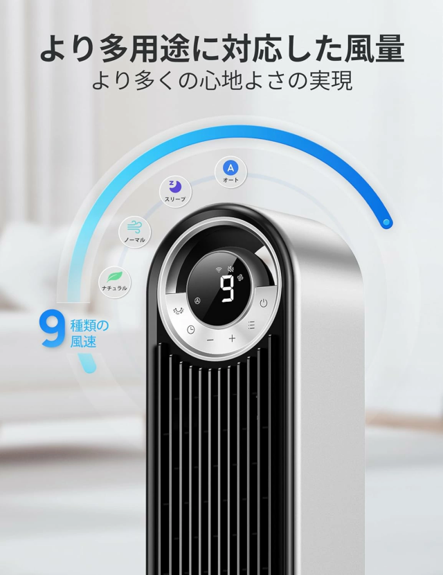 【AI自動風量調節★スマホ操作】扇風機 タワーファン 大風量 自動首振り 静音 リモコン操作 4モード温度 9段階風量 タイマー機能 DCモーター 羽なし扇風機 リビング/寝室/脱衣所用 Dreo_5