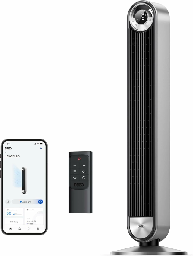 【AI自動風量調節★スマホ操作】扇風機 タワーファン 大風量 自動首振り 静音 リモコン操作 4モード温度 9段階風量 タイマー機能 DCモーター 羽なし扇風機 リビング/寝室/脱衣所用 Dreo
