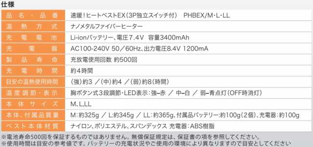 PROMOTE(プロモート):速暖 ヒートベストEX Mサイズ ブラック PHBEX_M ...