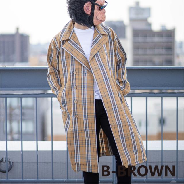 トレンチコート メンズ ロング丈 ビッグシルエット チェック柄 