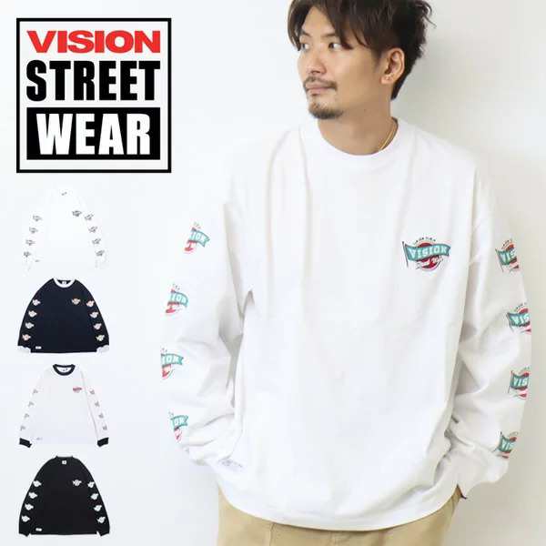 VISION STREET WEAR 長袖Tシャツ メンズ ロゴ刺繍 袖プリント
