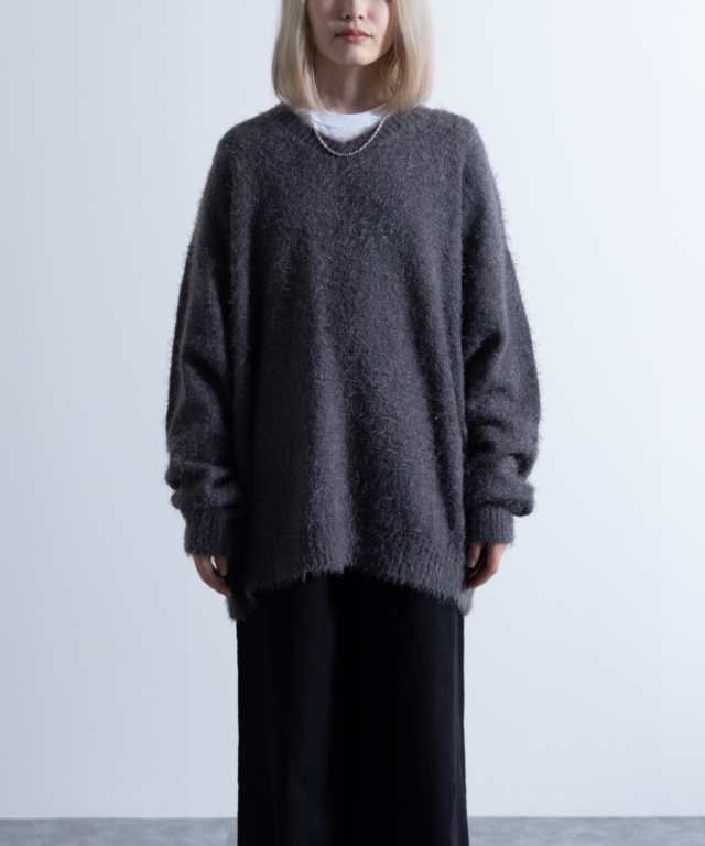 Shaggy Solid/Border Loose V-neck Knit Sweater / シャギー 無地