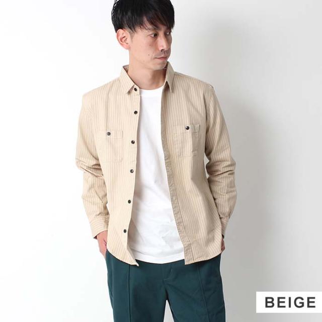 長袖シャツ メンズ ストライプ BIGMIKE ビッグマイク ヒッコリー ワークシャツ カジュアルシャツ ネイビー ベージュ レギュラーカラー 日本製 101815005 ビックマイク ピンストライプ シャツ アメカジ きれいめ カジュアル_7