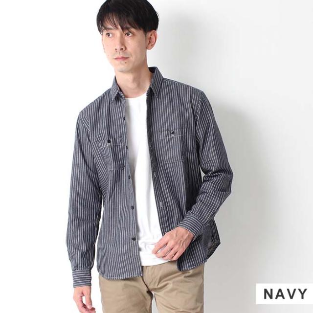 長袖シャツ メンズ ストライプ BIGMIKE ビッグマイク ヒッコリー ワークシャツ カジュアルシャツ ネイビー ベージュ レギュラーカラー 日本製 101815005 ビックマイク ピンストライプ シャツ アメカジ きれいめ カジュアル_10