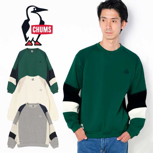 CHUMS チャムス マイトンパネルクルートップ グリーン/ホワイト/グレー M-XL 丸首 切り替え 軽量レイヤー ストリート アウトドアウェア