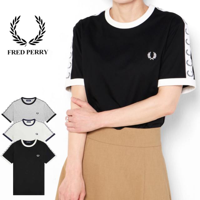 FRED PERRY フレッドペリー リンガーTシャツ レディース M4620 テープドリンガー 半袖 tシャツ カットソー ブランド 袖ロゴ テープロゴ 刺繍 きれいめ クルーネック 丸首 オシャレ グレー ホワイト ブラック プレゼント ギフトの通販は