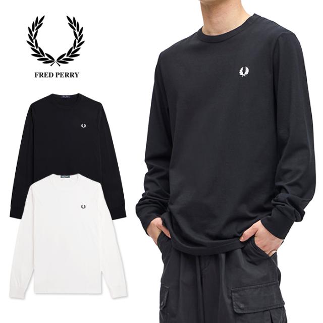 FRED PERRY フレッドペリー メンズ ロングスリーブ クルーネック Tシャツ M8700 白/黒 M-L 丸首 ワンポイント 胸ロゴ 無地T 綿100 レギュラー インナー キレイ ブランド ロンTの通販は