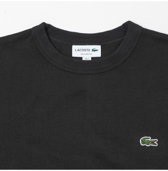 LACOSTE ラコステ ニット カットソー ヘビーウェイト シングルジャージ 長袖Tシャツ TH067J ニット ワニロゴ クルーネック リラックスフィット オーバーサイズ 秋 冬 カジュアル ワンポイント 黒 ブラック ビッグシルエット 厚手 プレゼント メンズ