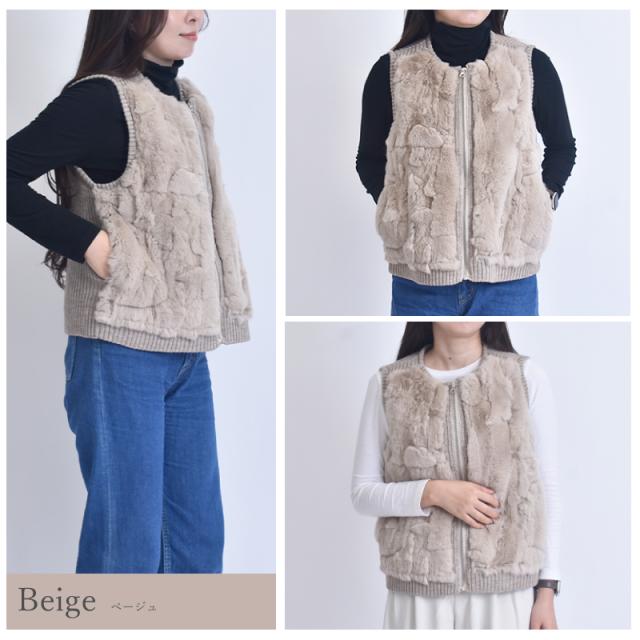 新作 ファーベスト レディース レッキス ファー ニット ダウンベスト 厚手 秋冬 襟無し ジレ 前開き ファスナー 毛皮 リアルファー ベスト ウサギ シンプル カジュアル 軽量 防寒 おしゃれ 暖かい 部屋着 アウター リブ 春服 婦人服 大人 女性 女子 人気 ギフト 送料無料 新作 ファーベスト レディース レッキス ファー ニット ダウンベスト