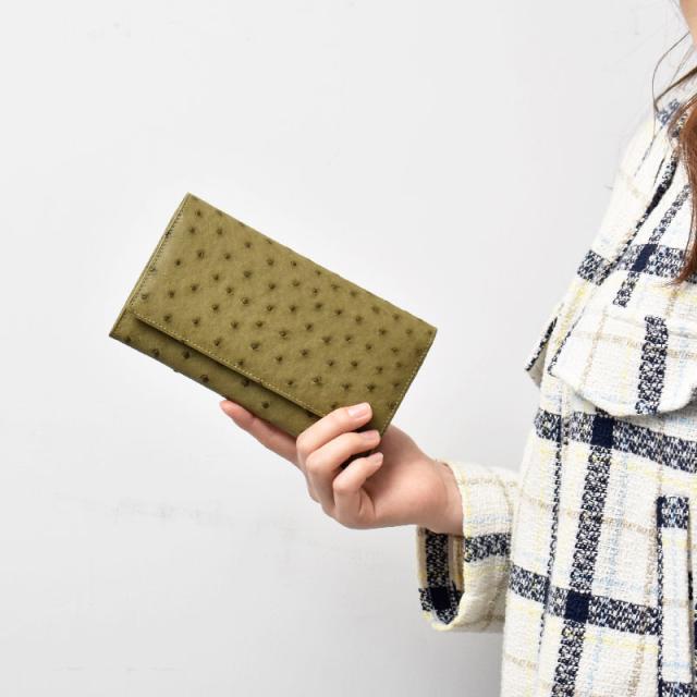 オーストリッチ 本革 長財布 かぶせ レディース メンズ 薄型 フラップ