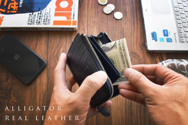 アリゲーター ワニ革 ミニ財布 メンズ レディース L字ファスナー