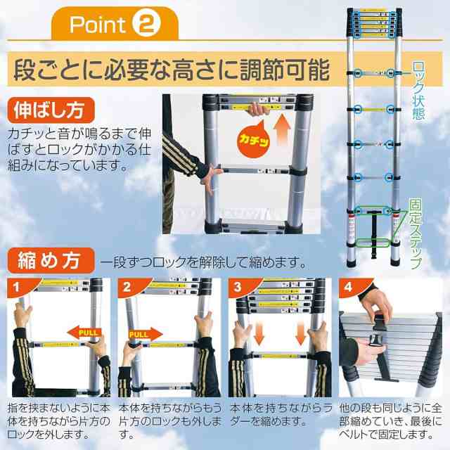 伸縮はしご 2m 耐荷重150kg スライド式 折り畳み 安全ロック