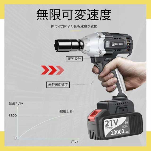 電動インパクトレンチ 21V 充電式 無段変速 正逆転両用 １台3役工具/メンテナンス