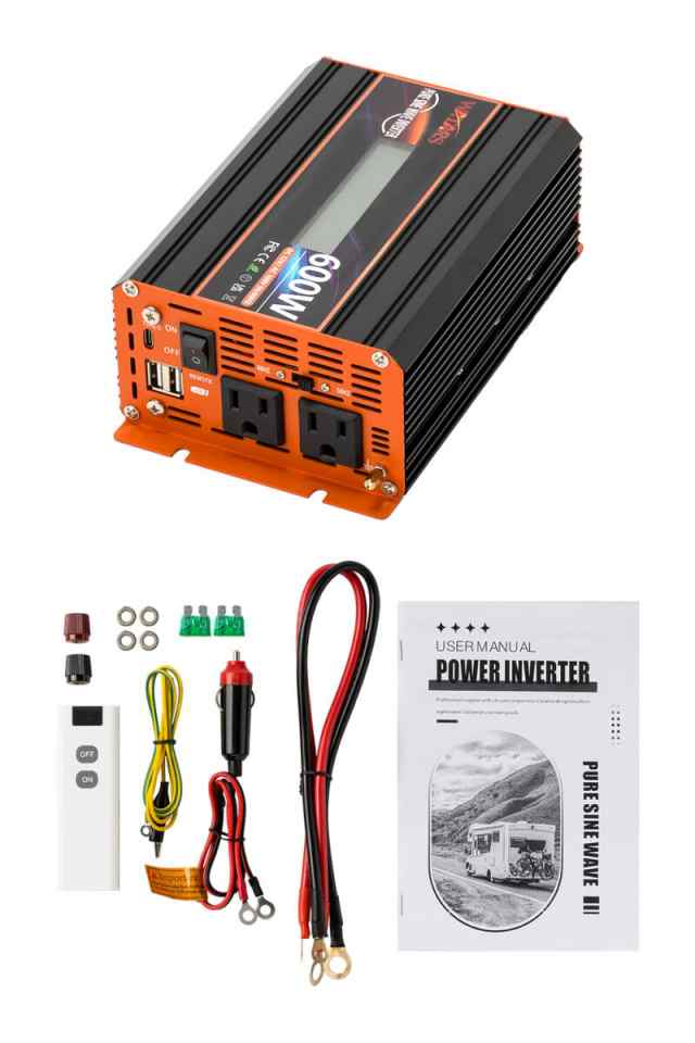 正弦波 インバーター 定格600W 最大1200W DC12V（直流）⇔AC100V（交流）変換 LEDパネル コンセント2口 USBポート2口 Type-c(30W)