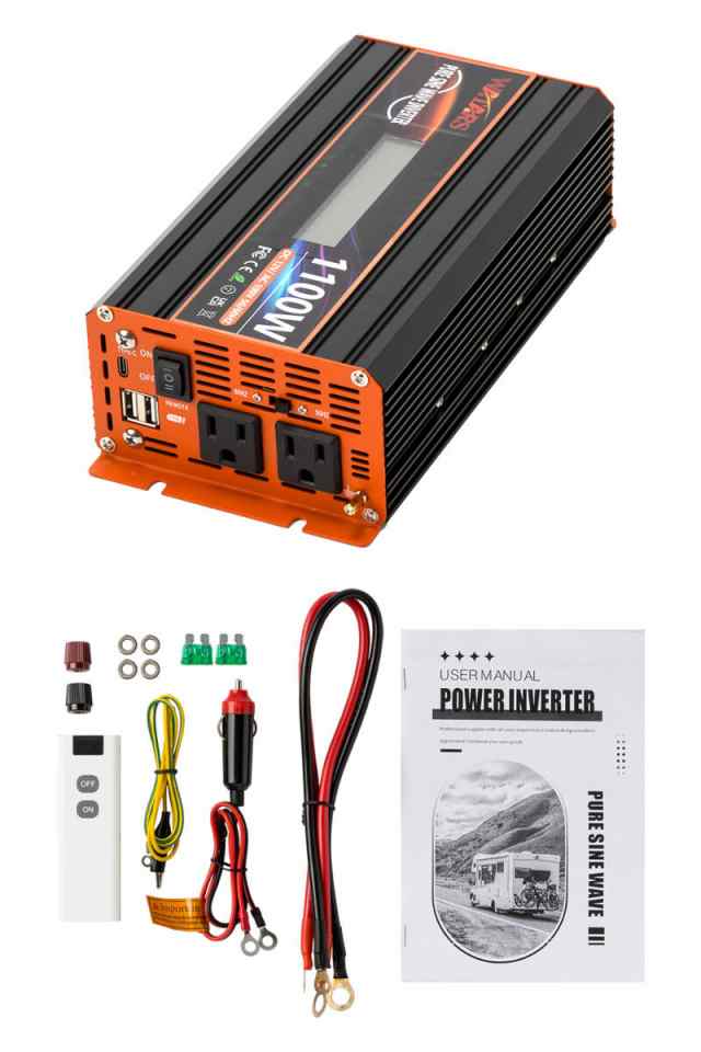 正弦波 インバーター 定格1100W 最大2200W DC12V（直流）⇔AC100V（交流）変換 LEDパネル コンセント2口 USBポート2口 Type-c(30W)