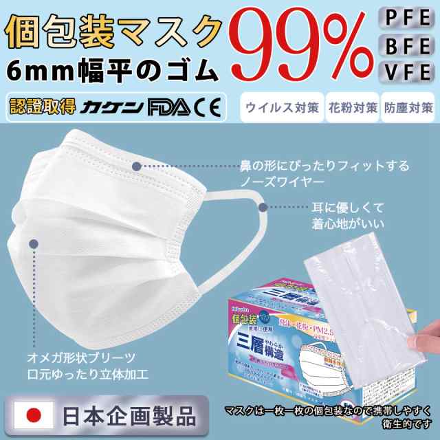 個包装マスク 100枚入(50枚箱入x2箱) 使い捨て 不織布 マスク 白 大人用 普通サイズ 三層構造 飛沫花粉対策 防護マスク 男女兼用  抗菌通の通販はau PAY マーケット - 新光ネット販売店