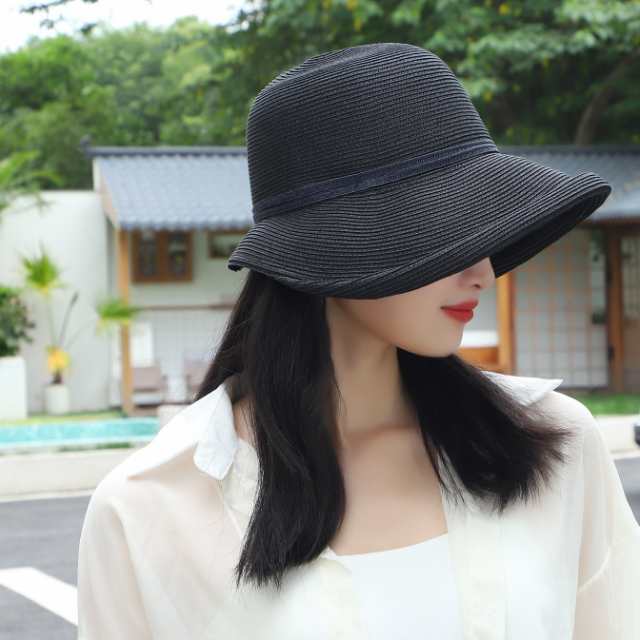 ブラック 折りたたみ 帽子 つば広 夏 レディース 紫外線対策 UV リボン 通販