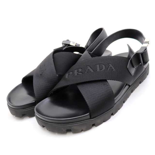 美品 プラダ クロスロゴストラップ レザーサンダル メンズ 黒 10 PRADA ...