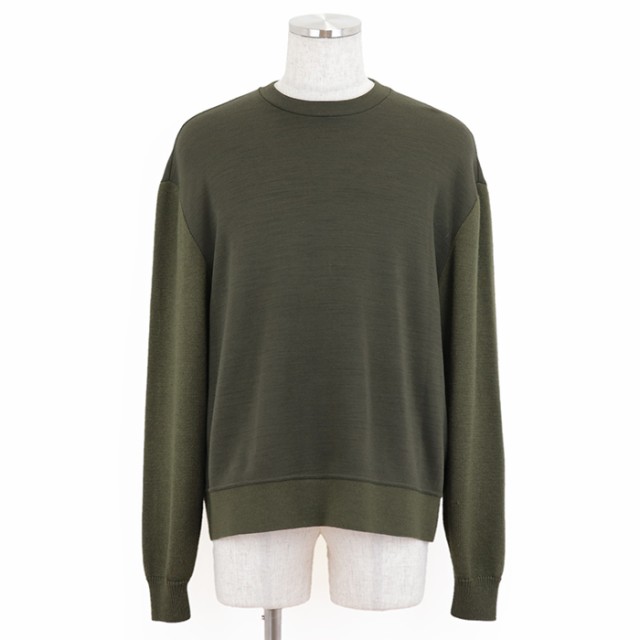 クリアランスSALE【美品】ベルルッティ ラムレザー パッチ 切替 セーター カットソー メンズ サイズ M オリーブ ニット スウェット 長袖 丸首 イタリア製 Berluti【中古】の通販は