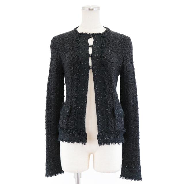 【美品】シャネル 05A P26249 ニット×ツイード コンビ ノーカラー フリンジ ジャケットココマークプレート ココマークボタン レディース サイズ 36 ブラック 黒 イタリア製 CHANELの通販は 77,000円