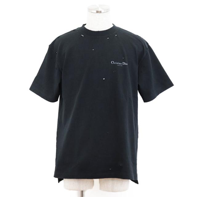 【極美品】ディオール・オム コットン100％ デストロイ ダメージ ロゴ プリント ヘヴィーウエイト 半袖Ｔシャツ サイドスリット リラックスフィット メンズ サイズ M ブラック 黒 イタリア製 DIOR HOMME 343J636A0849の通販は
