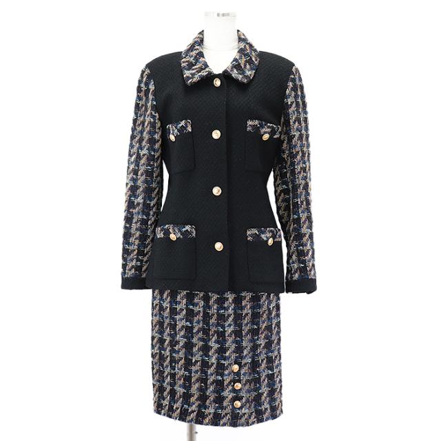 シャネル ヴィンテージ D-TK-9064 ツイード ジャケット スカート セットアップ レディース サイズ 38 ブラック マルチカラー 金ボタン フランス製 CHANELの通販は