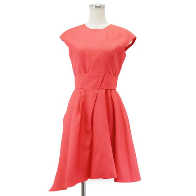 【美品】クリスチャンディオール ウール × シルク アシンメトリー ドレス Aライン ワンピース ベルト付属 レディース サイズ 34 スカーレット フランス製 Christian Dior 3A21606A1170の通販は 24,200円