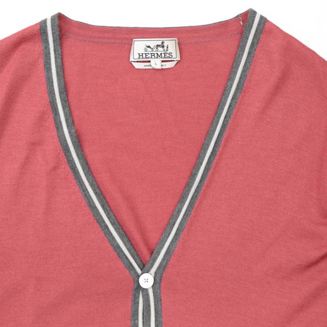 【クリアランスSALE】エルメス 2016AW カシミヤ × シルク Vネック ハイゲージ ニット カーディガン ロングスリーブ 長袖 マルチカラー トップス メンズ サイズ L レッド グレー ホワイト 赤 灰色 白 イタリア製 HERMES 62-5729の通販は