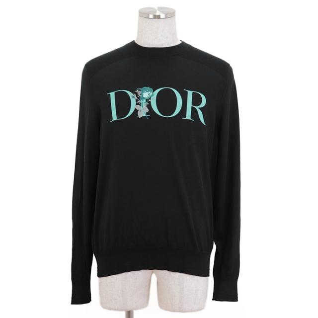 【美品】ディオール Jardin コラボレーション ローズ刺繍 クルーネック シルクブレンド ハイゲージ ニット セーター 薄手 丸首 長袖 トップス メンズ サイズ L ブラック 黒 イタリア製 Dior 293M653AT443の通販は 50,820円