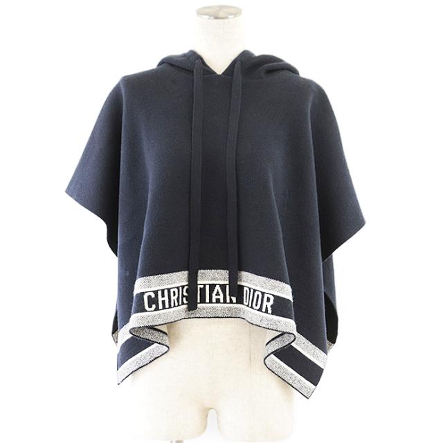 【美品】Christian Dior クリスチャンディオール ニット ポンチョ ロゴ シグネチャー ライン カシミヤ混 フーディー パーカー プルオーバー トップス レディース サイズ S ダークネイビー ホワイト イタリア製 014C12AM042の通販は 187,000円