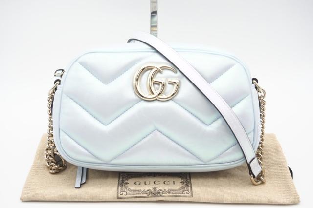 ☆安心の3大保証☆ ABランク ≪GUCCI グッチ/ショルダーバッグ≫ 447632 GGマーモント キルティング スモール ライトブルー 美品 送料無料