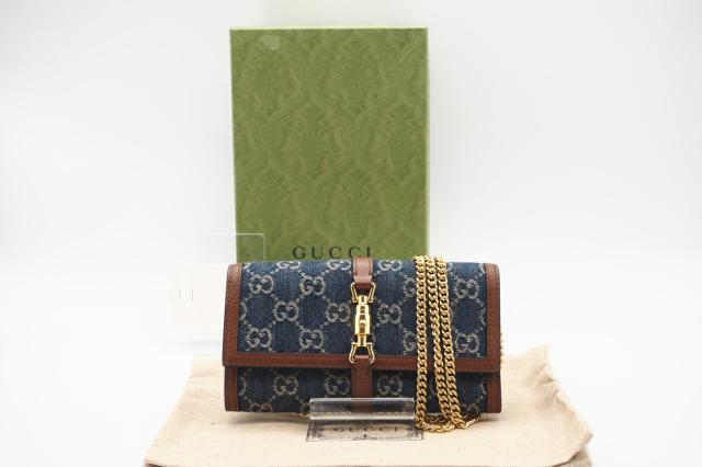 ☆安心の3大保証☆ Aランク ≪GUCCI グッチ/二つ折り長財布≫ 652681 ジャッキー1961 デニム チェーン付きウォレット ブルー ブラウン 送料無料
