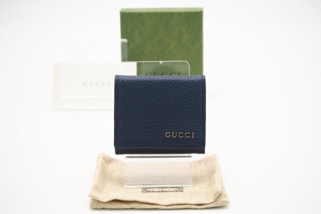 ☆安心の3大保証☆ Aランク ≪GUCCI グッチ/ケース≫ 771160 折り畳みケース GUCCI ロゴ レザー ネイビーブルー 極美品 送料無料