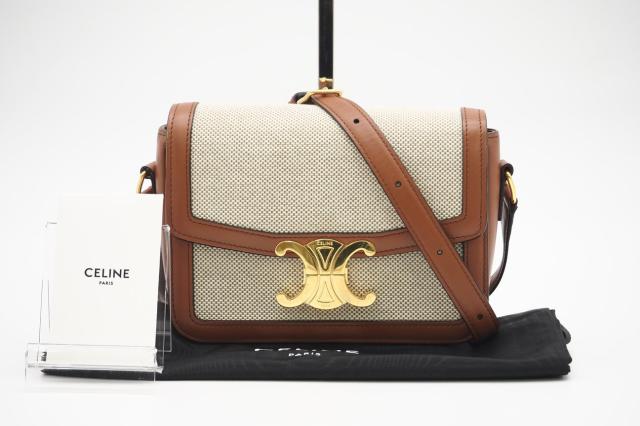 ☆安心の3大保証☆ ABランク ≪CELINE セリーヌ/ショルダーバッグ≫ 191242EG テキスタイル カーフスキン クラシック トリオンフ バッグ ナチュラル タン