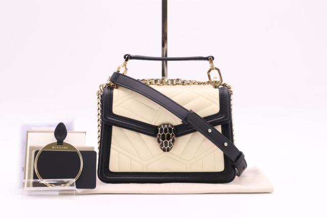 ☆安心の3大保証☆ Aランク ≪BVLGARI ブルガリ/ショルダーバッグ≫ 289944 セルペンティ レザー ダイヤモンド ブラスト ベージュ ブラック 送料無料 ショルダーバッグ