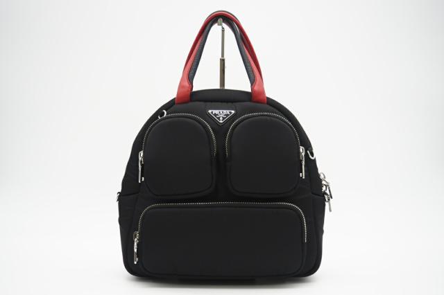 ☆安心の3大保証☆ Aランク ≪PRADA プラダ /ハンドバッグ≫ トライアングルロゴ テスート ハンドバッグ ネロ フォーコ ブラック レッド 送料無料