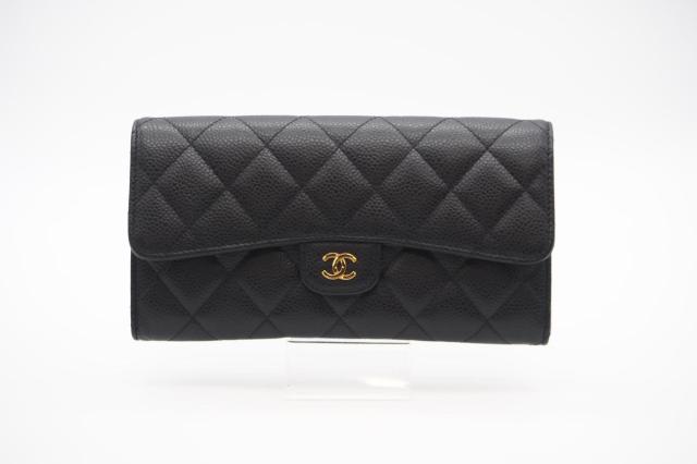 ★3日以内返品可★ CHANEL シャネル A80758 キャビアスキン マトラッセ クラシック ロング フラップウォレット ブラック ボルドー 財布